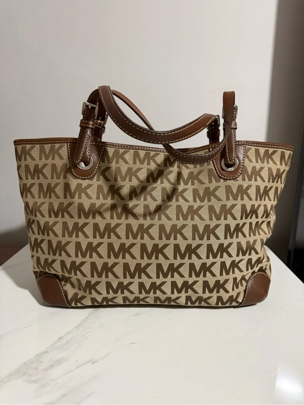 Michael Kors Tan Beige MK Signature Tote with Brown Trim